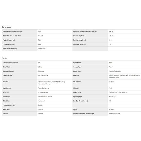 1 x 23"W x 72"L White Cordless Room Darkening 1" Window / Door Vinyl Mini Blind - Picture 3 of 10